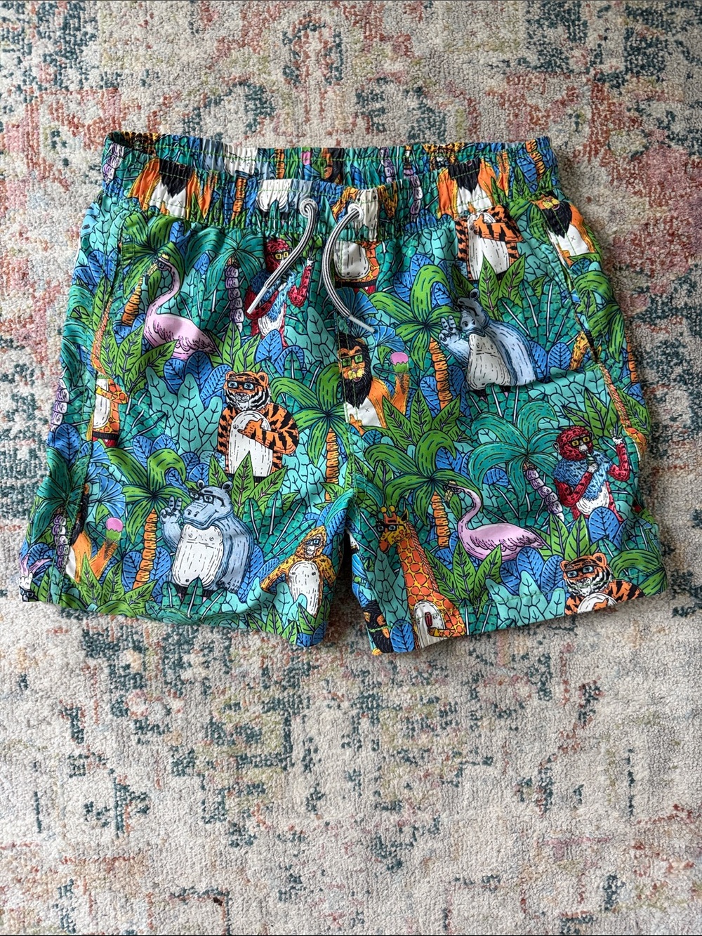 Tropical Animal Print Swim Shorts - Bright Teal Multicolor